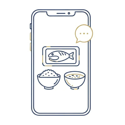 和食の写真をスマートフォンで送る食事サポートのイラスト